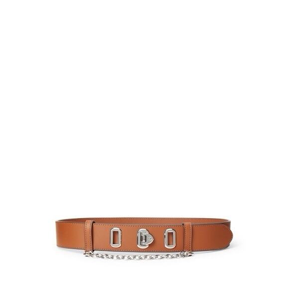 NWOT Lauren Ralph Lauren Flip Lock Chain Silver Cognac Belt Brown S - Picture 1 of 3